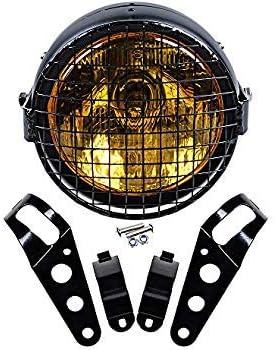 Complete Set 6.5 inch Retro Round Amber Lens Motorcycle Headlight + Mesh Grille + 35mm-43mm Mount Brackets