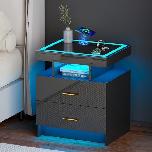 Gurexl Bedside Table with Charging Function, Nightstand with Glass Top and LED Lights, Modern Bedroom Furniture with Two Drawers and Wireless Charging for Bedroom, Living Room, Office, Black
