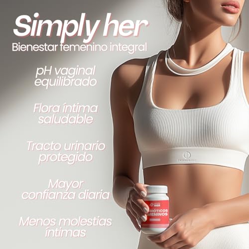 SIMPLY HER Probioticos Mujer | Flora Intima & pH Balanceado | 30 días de Suministro | Bienestar Femenino | Probioticos Femeninos + fibras Prebioticos y Enzimas Digestivas