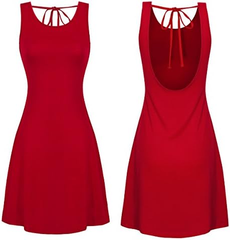 Sakananinki Women's Sleeveless Deep V Backless Casual Dress Tie Bow flared Beach Sundresses (L, Red)