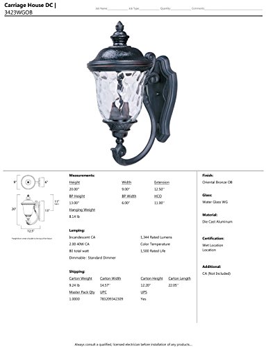 Maxim Lighting 3423WGOB Carriage House DC 2-Light Outdoor Wall Lantern, Bottom Mount, Oriental Bronze Finish