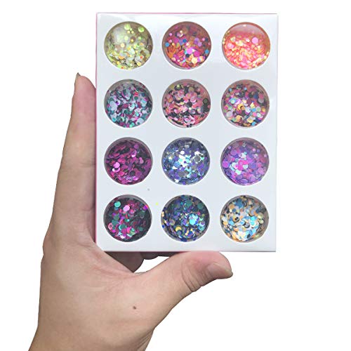 Nail Art Flake 12 Boxes Nail Glitters Circle Confetti Glitter Chunky Glitters for Hair Face and Eye Make Up Foil Flakes for Slime (12 Colors, Circle-Mix)