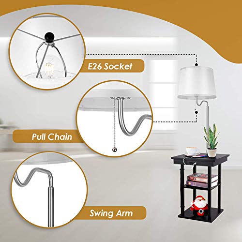 Albrillo Nightstand Floor lamp with Outlet and 2 USB Charging Ports, Mid Century Table with Shelve and Swing Arm for Bedroom, White - Thumbnail 3