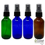 2 oz Glass Spray Bottle Colored Set with Recipes Guide. 2 Blue, 1 Green and 1 Amber Fine Mist Atomizer. Empty Containers for Misting Aromatherapy, Essential Oils, Cleaning.