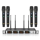 Wireless Microphone System，NASUM 4-Channel Metal UHF Wireless Microphone System，Cordless Karaoke Microphone Set, LCD Display Professional Home KTV Set for Party，Karaoke，Wedding，Classroom, Church