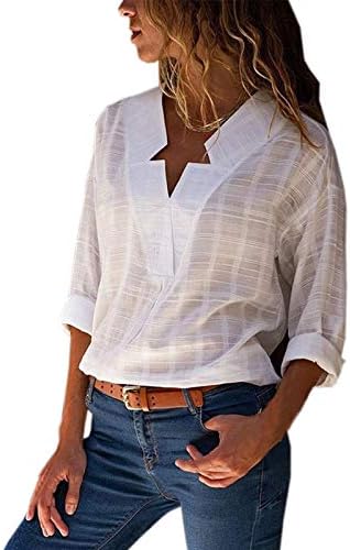 GARYOB Womens V Neck Long Cuffed Sleeve Cotton Linen Casual Blouses Print Solid T Shirt Tops S-5XL