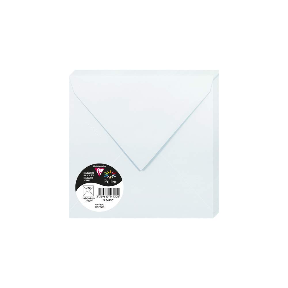 Clairefontaine 5493C Pack of 20 Gummed Envelopes Square Format 16.5x16.5cm 120g/m² Blue Invitation Events and Correspondence Pollen Range Premium Smooth Paper — image 1