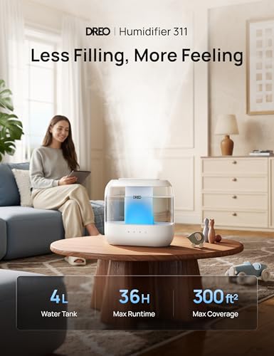 DREO Humidifier for Bedroom Baby, 4L Cool Mist Supersized Humidifiers for Home, 28 dB Quiet Air Humidifier for Room, Oil Diffuser, 36H Runtime, Night Light, Top-Fill, Easy to Clean & Fill, White