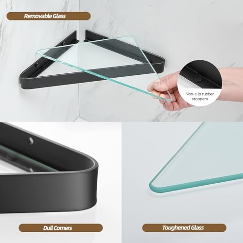 34 CM Wall Mounted Shower Shelves, 2 Tier Bathroom Caddies, Tempered Glass Floating Shelf, Black Bathroom Wall Organizer, Self-Adhesive Shower Shelf Corner