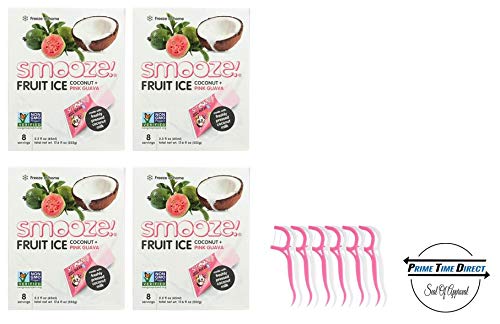Smooze All Natural Fruit Ice,Coconut + Guava, 17.6 Ounce Boxes (Pack of 4) with 20ct Dental Flossers in a Prime Time Direct Sealed Bag
