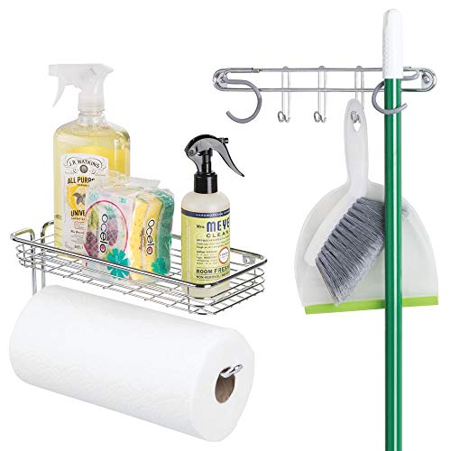 mDesign Wall Mount Metal Storage Organizers for Kitchen - Includes Paper Towel Holder with Multi-Purpose Shelf and Broom/Mop Holder with 3 Hooks - for Pantry, Laundry, Garage - 2 Piece Set - Chrome