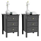 Yaheetech 3 Drawers Nightstand Tall End Table Storage Wood Cabinet Bedroom Side Storage, Set of 2, Black