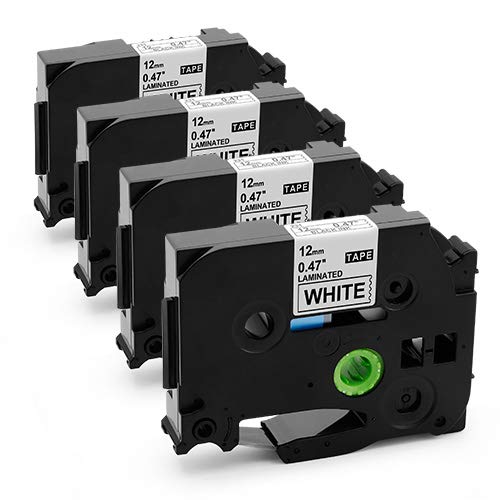 P Touch Label Tape,TZe Tape 12mm 0.47 Inch Laminated White Compatible with Brother P-Touch Label Maker PT-D210 PT-H110 PT-D600, Tze 231 Tape Black on White, 26.2 Feet (8 Meter), 4-Pack