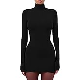 LAGSHIAN Women's Sexy Basic High Neck Long Sleeve Bodycon Club Party Mini Dress