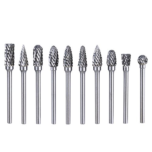 DRILLPRO Double Cut Carbide Rotary Burr Set--10 Pieces 1/8"(3mm) Shank and 1/4"(6 mm ) Head SizeTungsten Steel -- for Grinder Drill , DIY Wood-working Carving, metal polishing ,Engraving,Drilling