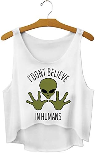 Women (Pattern Five) Alien Printed White Sleeveless Crop Top