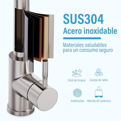 GALASALA Llaves para Fregadero de Cocina De Acero Inoxidable, Mezcladora para Fregadero Extraible, Grifo de Cocina Con 2 Mangueras Fría y Caliente, Monomando para Fregadero Con Rociador de 4 Modos