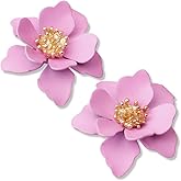 Chic Cute Boho Matte Flower Statement Stud Earrings with Gold Flower Bud for Women Sister Mom Lover and Friends