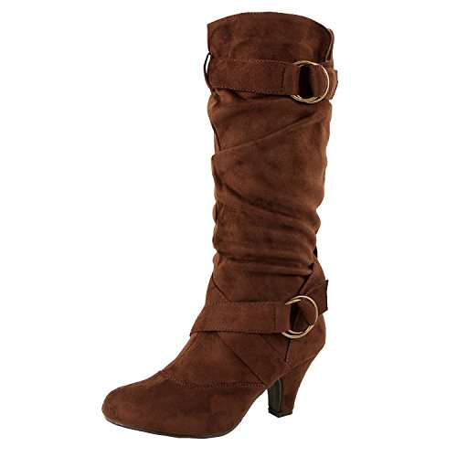 Guilty Shoes Winter Mid Calf Strappy Slouchy Buckle Low Kitten Heel Boot Boots, 38 Brown Suede, 8 (B) M US