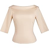 YARN & INK Women's 1950s Vintage Pinup Tops, Back Bow Tie Cute Rockabilly Elegant Shirt, Medium Sleeves Blouse