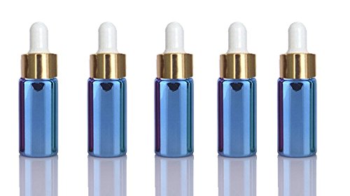 10 Sets Blue 5ml UV Coated Glass Dropper Bottles Grand Parfums Refillable Medicine Dropper Bottles with Gold Caps and White Bulb Glass Pipette for Essential Oil, Serums,