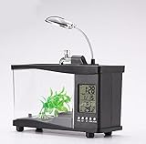 GRANDEY Mini USB Desktop Aquarium Fish Tank with Clock LCD Display and LED Table Lamp(BLACK)