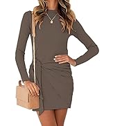 BTFBM Women Casual Crew Neck Long Sleeve Dresses Solid Color Slim Fit Tie Waist Ruched Bodycon Sh...