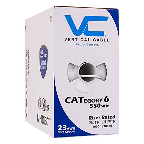 Vertical Cable Cat6, 550 MHz, UTP, 23AWG, Solid Bare Copper, 1000ft, White, Bulk Ethernet Cable - 161 Series