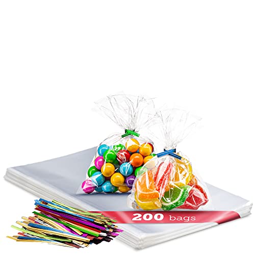 200 Pack Clear Plastic Cellophane Bags Goodie Bags [3x4] with 4" Twist