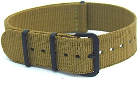 Khaki with Black Buckle Military Watch Strap Band Nylon Webbing Buckle - Free Pins 22mm