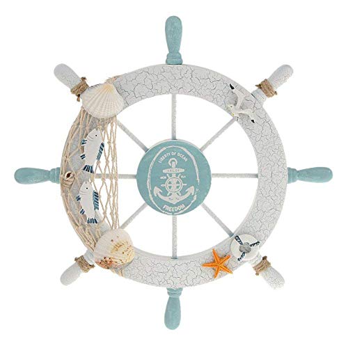 DierCosy Nautical Beach Wooden Boat Ship Steering Wheel Fishing net Shell Home Wall Decoration White Fish
