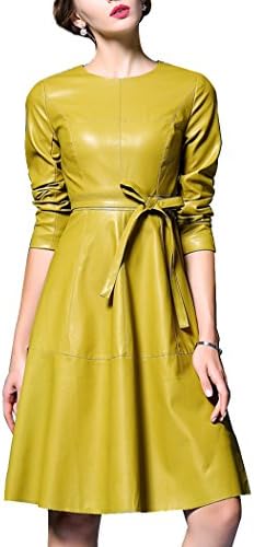 Women's Elegant Faux Leather Long Sleeve Party A-line Dress with Belt (M, Yellow)
