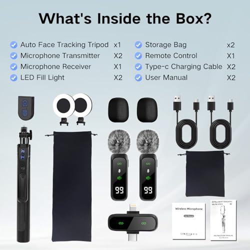 Juego de vlogging para iPhone/Android, 180 cm, trípode para teléfono móvil, con seguimiento automático de la cara, rotación de 360°, trípode para crear contenidos, set de iniciación con luz y