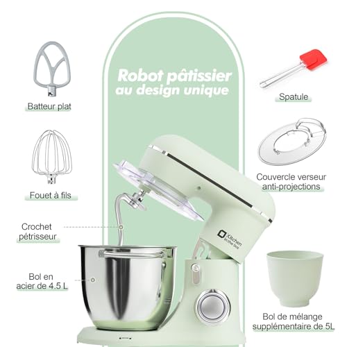 Kitchen in the box Pastry Processor, 4.5L+5L 2 Bowls Kitchen Robots, 10 Speeds Electric Kitchen Mixer, 1300 W Professional Kneader with Whisk, Beater, Hook (Green)