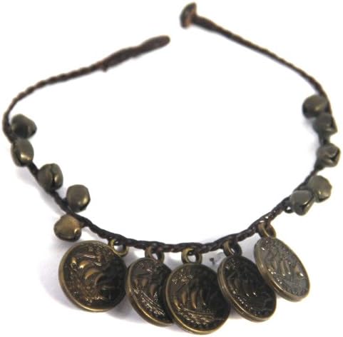 Handmade Anklets, Cotton Wax Cord, Coin, Brass Bells, Boho, (S5553s)