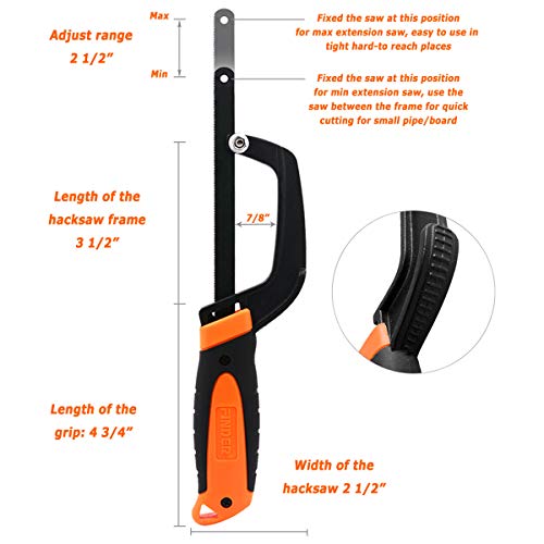 Finder Hacksaw With Saw Blade Aluminium Alloy Light Weight Compact Hand Operation Hack Saw For Wood Board PVC Pipe (3pcs 12-inch Extra Hacksaw Blades Included) - Thumbnail 2
