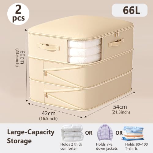 Comforter Clothes Storage Bag, 2 Pack Large Capacity Blanket Store Bags, 3-Layer Ultra Space Saving Compression Organizer, Washable Compression Case for Storing Blanket, Duvet, Pillow (Beige, 130L)