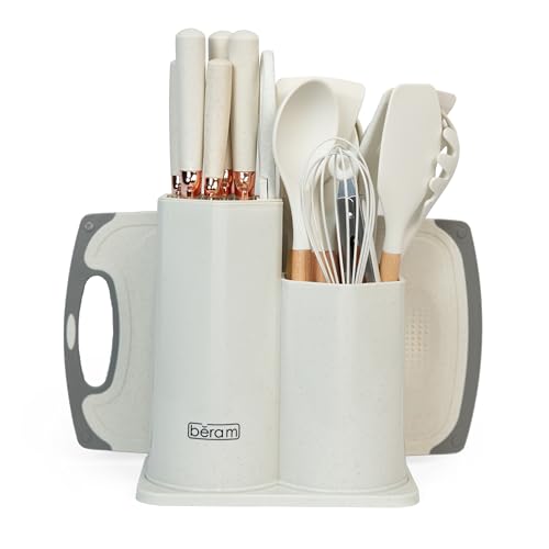 BERAM 19 Piece Kitchen Utensil Set Heat Resistant Silicone with Wooden Handles Non Stick Cooking Tools Beige