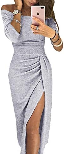Women Metallic Sparkling Glitter Long Sleeve Front Slit Midi Off Shoulder Evening Dress