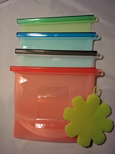Kitchen Wonders4-PACK Reusable Silicone Food Bags| Stasher| Preservation of Fruit, Vegetables, Meats Etc. Storage Container| Airtight Seal Lunch & Snack Bags| Freeze & Heat Safe w/Dish Brush