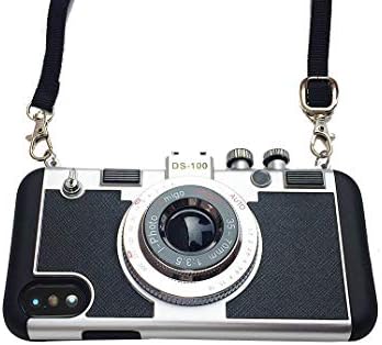 MeiQing iphone XS Max Case for Women Modern 3D Vintage Style Camera Design with Long Strap/Screen Protective (Black)