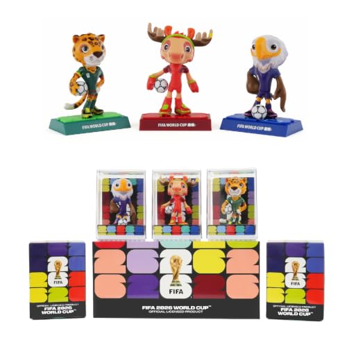 Sanyetral para la Copa Mundial de la FIFA 2026 - Set de figuritas oficiales con licencia de la mascota con caja de exhibición (Clutch, Maple y Zayu), figura modelo de mercancía oficial para