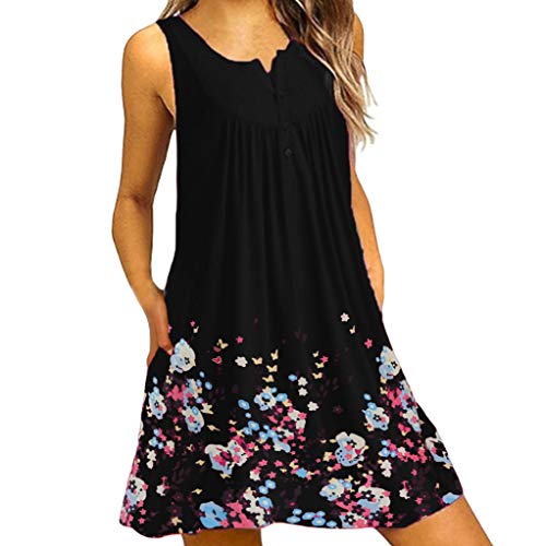 Women's Boho Floral Printed Sleeveless Pockets Mini Dress Casual A-Line Cocktail Party Dresses Beach Sundress