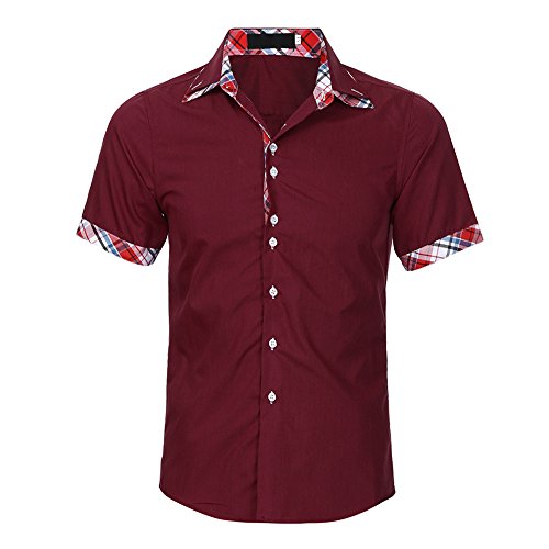 Ximandi Men's Summer Double Collar Slim Patchwork Short Sleeved T-Shirt Top Blouse Wine Red