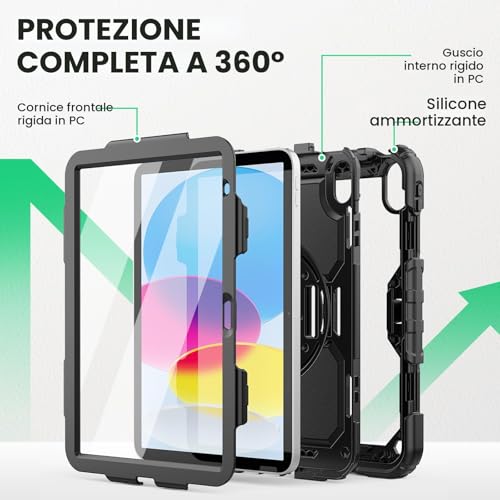 SEYMAC Case for iPad (A16) 11th/10th Generation (11/10.9 inch, 2025/2022), Shock Resistant with Screen Protector, 360° Rotating Stand, Pen Holder, Shoulder Strap, Black