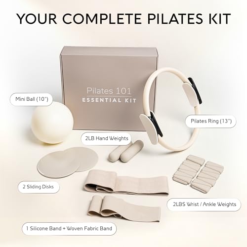 Pilates 101 Essential Pilates Kit & Equipment — Pilates Ring, Mini Ball, Resistance Bands, Hand Weights, Adjustable Ankle & Wrist Weights, Gliding Discs | 7-Piece Studio-Quality Set for Home & Studio