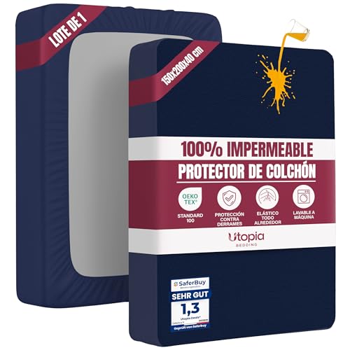 Protector Colchón 150 x 200 x 40 cm Impermeable, Certificación Oeko-Tex Funda Colchón, Cubre Colchón Transpirable, Elástico En Todo El Contorno Azul Marino