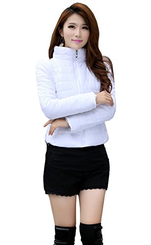 OUCHI Women Winter Stand Collar PU Leather Classic Short Quilted Coat Jacket White OUCHI Women Winter Stand Collar PU Leather Classic Short Quilted Coat Jacket White