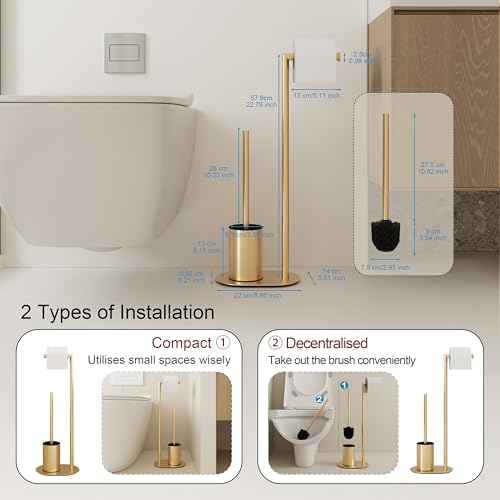 BVL Toilet Roll Holder and Toilet Brush Gold Brushed Toilet Brush with Stainless Steel Toilet Paper Holder, Toilet Paper Holder from the Floor Toilet Brush Bathroom Toilet
