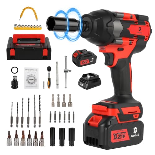 GearZone Cordless Impact Wrench 1/2 Inch, 1000 N.m Brushless Impact Gun Come with 2pcs 21V Batteries, 2800 RPM High Torque Electric Power Impact Driver Set for Car Home-Red
